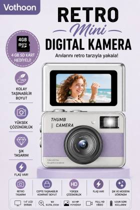 Retro Mini Dijital Kamera 1080P 1.47 İnç Flip Ekranlı Flaşlı Selfie Vlog Kamerası 4GB SD Hediyeli Mor