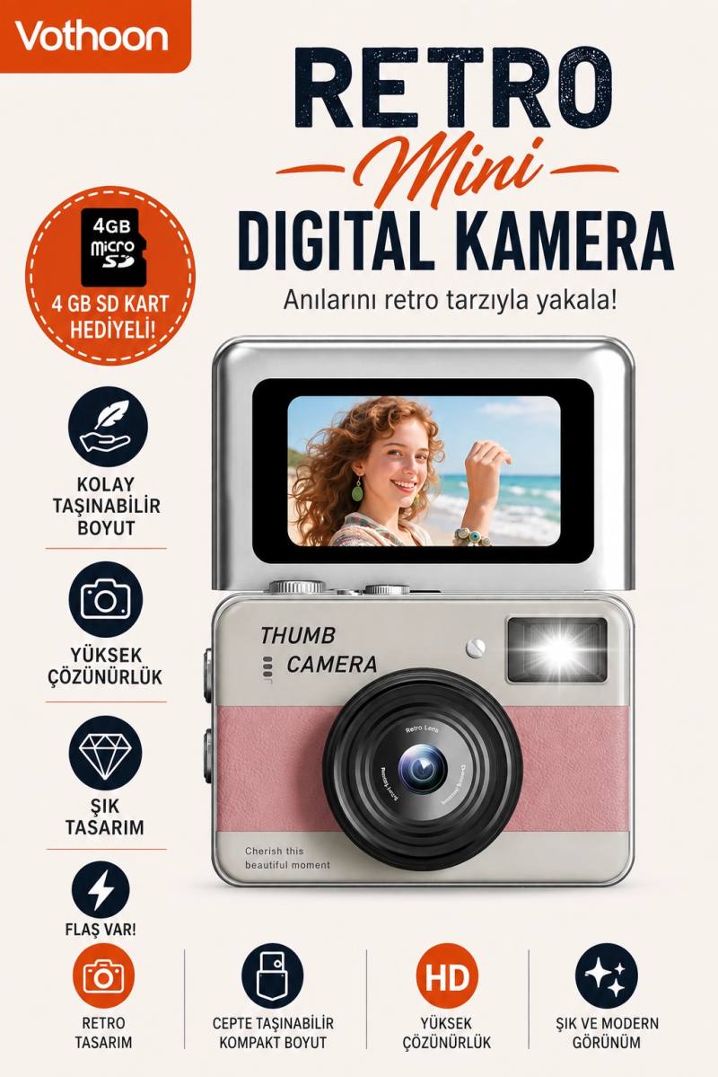 Retro Mini Dijital Kamera 1080P 1.47 İnç Flip Ekranlı Flaşlı Selfie Vlog Kamerası 4GB SD Hediyeli Pembe