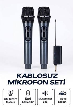 Profesyonel Çiftli Kablosuz Mikrofon Seti Karaoke Şarj Edilebilir 50 Metre