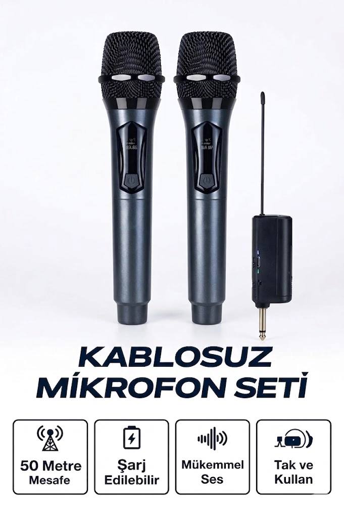 Profesyonel Çiftli Kablosuz Mikrofon Seti Karaoke Şarj Edilebilir 50 Metre