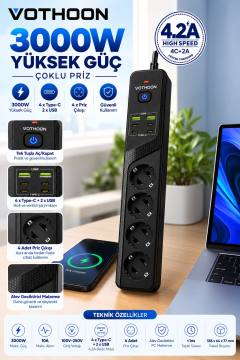 4’lü Akım Korumalı Çoklu Priz 4 Type-C 2 USB Girişli 4.2A Hızlı Şarj Destekli Priz 3000W