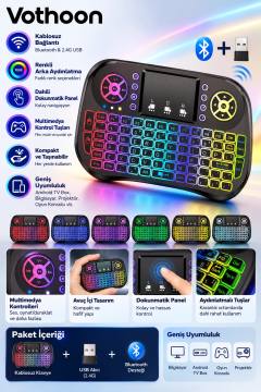 ZK-08 RGB Işıklı Mini Kablosuz Klavye Touchpad Bluetooth ve 2.4G Smart TV Kumandası