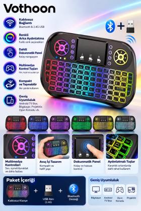 ZK-08 RGB Işıklı Mini Kablosuz Klavye Touchpad Bluetooth ve 2.4G Smart TV Kumandası