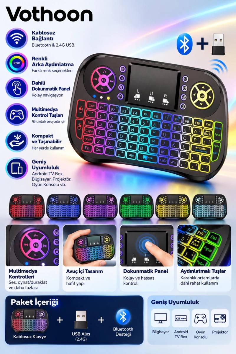 ZK-08 RGB Işıklı Mini Kablosuz Klavye Touchpad Bluetooth ve 2.4G Smart TV Kumandası
