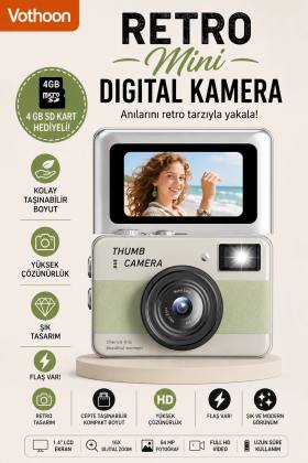Retro Mini Dijital Kamera 1080P 1.47 İnç Flip Ekranlı Flaşlı Selfie Vlog Kamerası 4GB SD Hediyeli Yeşil