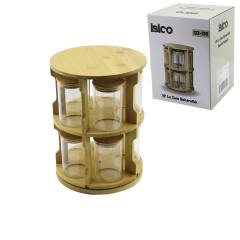 10 Pcs Yuvarlak - Döner Standlı Cam - Bambu Kapak Tuzluk - Baharatlık Bambu Stand