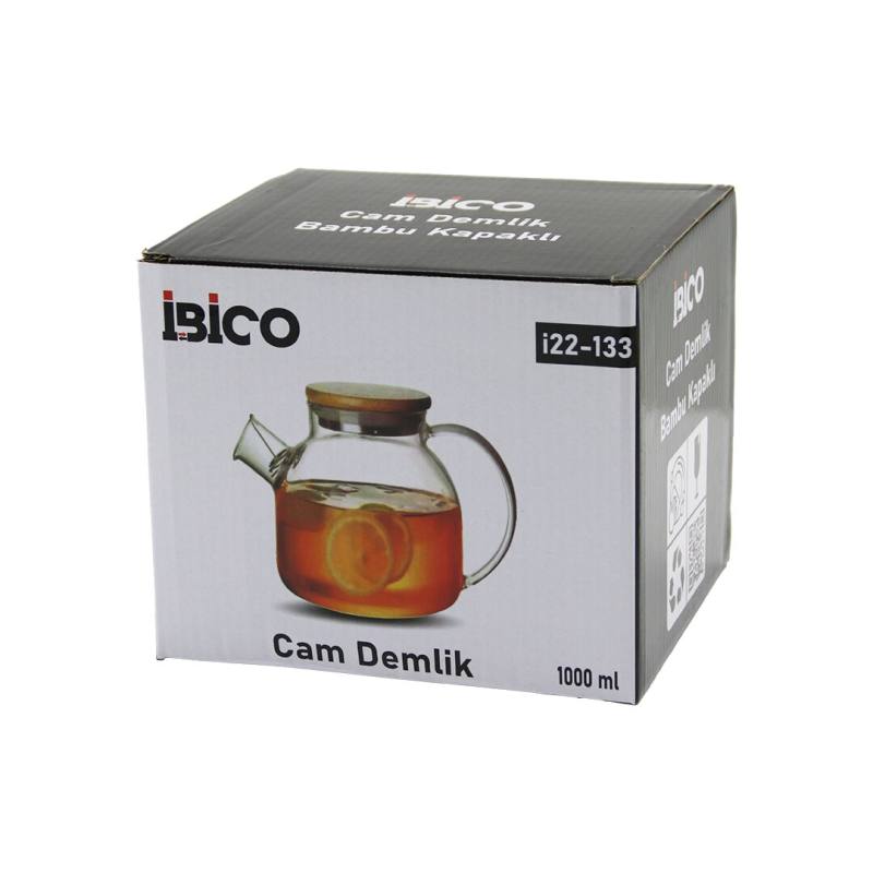 1000ML Sade Düz Cam Demlik Bambu Dış Yüzey - Metal İç Yüzey - Silikon Contalı Kapak