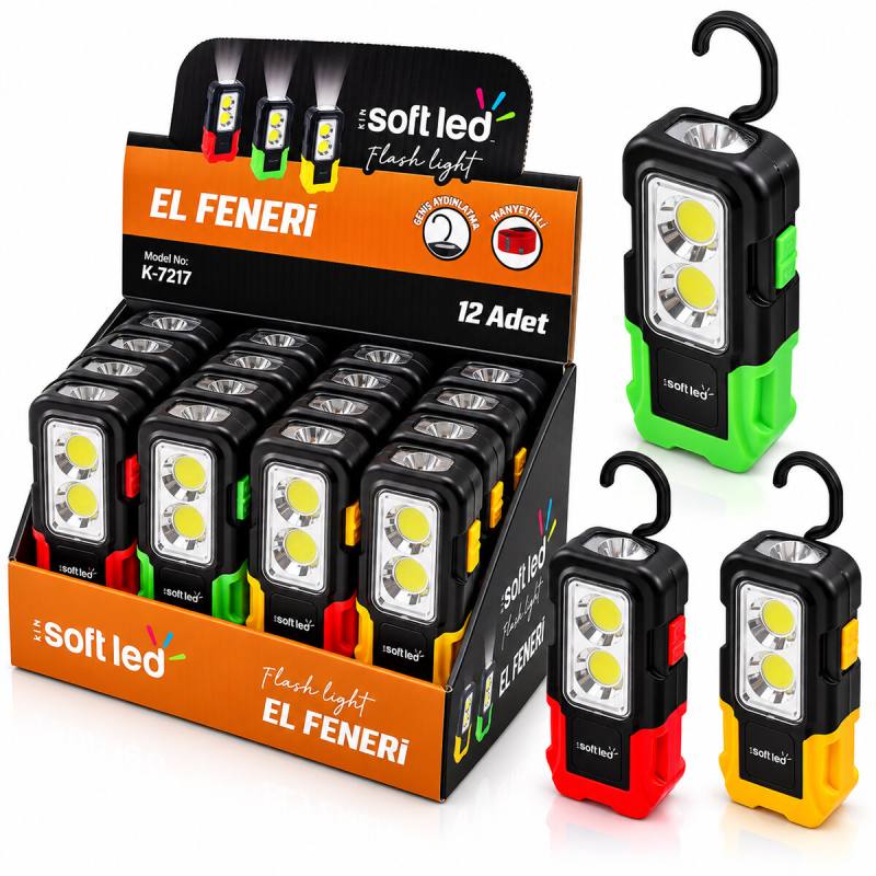 12 Adet 2IN1 Softled El Feneri 3XAAA Pilli Mıknatıslı Asma Aparatı 1W Led - 3W Cop Led K-7217