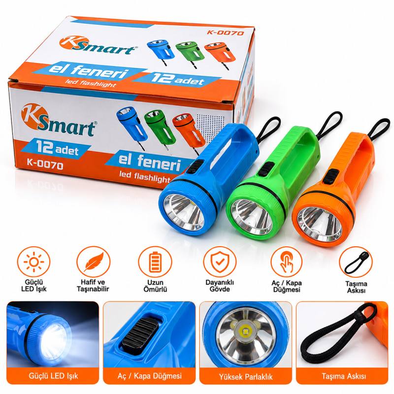 12 Adet Led El Feneri 2XAA Pilli Renkli Plastik K-0070