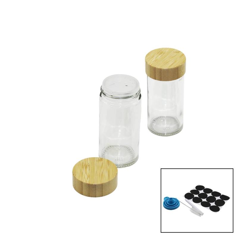 12 Pcs Takım Yuvarlak Cam Baharatlık - Tuzluk Bambu Kapaklı