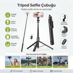 130 cm Uzayabilen Manyetik Kumandalı Tripod ve Ayarlanabilir Telefon Tutuculu, Alüminyum Gövdeli Selfie Çubuğu