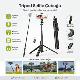 130 cm Uzayabilen Manyetik Kumandalı Tripod ve Ayarlanabilir Telefon Tutuculu, Alüminyum Gövdeli Selfie Çubuğu