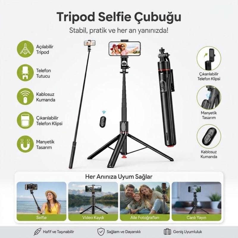 130 cm Uzayabilen Manyetik Kumandalı Tripod ve Ayarlanabilir Telefon Tutuculu, Alüminyum Gövdeli Selfie Çubuğu