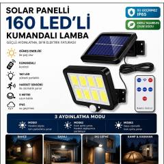 160 LED Solar Bahçe Aydınlatması, 6'lı Güneş Panelli LED Lamba, 5 Metre Kablolu ve Kumandalı