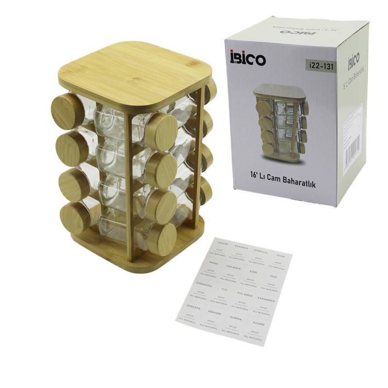 16PCS Kare - Döner Standlı Cam - Bambu Kapak Tuzluk - Baharatlık Bambu Stand