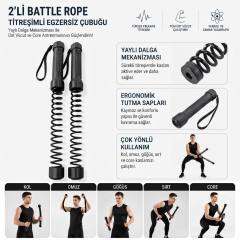 2'li Battle Rope Titreşimli Egzersiz Çubuğu, Yaylı Dalga Mekanizmalı Kol, Omuz, Göğüs, Sırt ve Core Antrenman Aleti