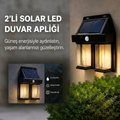 2'li Solar Güneş Enerjili LED Duvar Apliği, Hareket Sensörlü, Şarjlı, Kablosuz Dış Mekân Bahçe ve Kapı Lambası