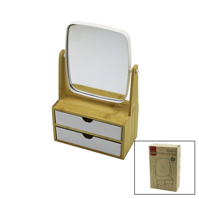 2 Çekmeceli Bambu Ahşap STANDLI=9X9.9X17.8X21.5CM Makyaj AYNASI=15X18CM Takılık 1+1 Organizer