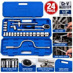 24 Parça 1/2 Inc Dr.socket Set Lokma - Soket - Adaptör - Cırcır Kolu Chrome Vanadıum Metal Çantalı