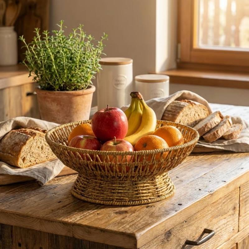 25 cm Plastik Rattan Servis Çanağı – Doğal Hasır Görünümlü Dekoratif Meyve, Ekmek ve Sunum Kasesi