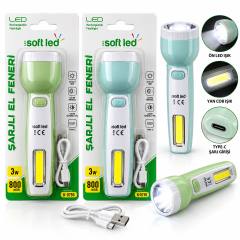 2IN1 Softled Şarjlı El Feneri Usb - Type-c Şarjlı 2W Led - 1W Cob Led K-0750