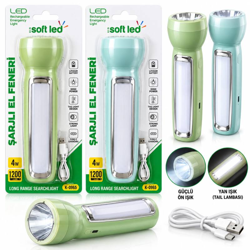 2IN1 Softled Şarjlı El Feneri Usb - Type-c Şarjlı 1 Led 1.2W - 14 Led 2.4W K-0965