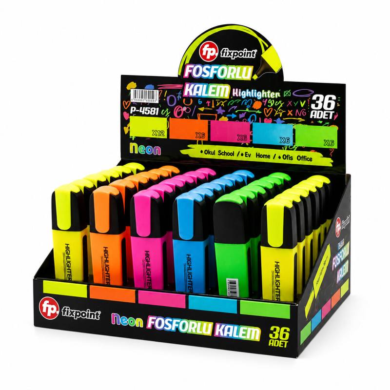 36 Adet Neon Fosforlu Kalem - Standlıdır İçinde 12 - Sarı - 6 - Turuncu - 6 - Pembe - 6 - Mavi - 6 - Yeşil