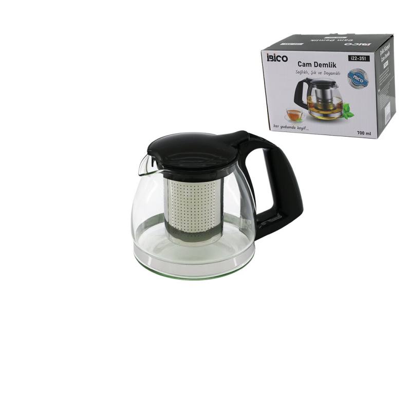 700ML Cam Demlik Çelik Süzgeçli - Plastik Kulp - Kapak - Krom Çerçeve