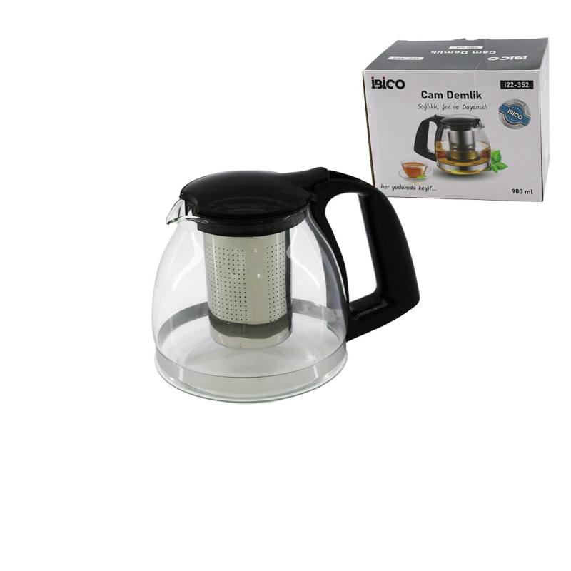 900ML Cam Demlik Çelik Süzgeçli - Plastik Kulp - Kapak - Krom Çerçeve