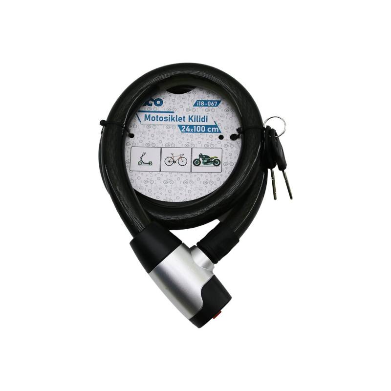 Anahtarlı Metal Kaplama Kafa Çek-it Kilit Kapak Motor - Bisiklet Kilit Çelik Tel Siyah Şeffaf Kılıf 24MMX100CM