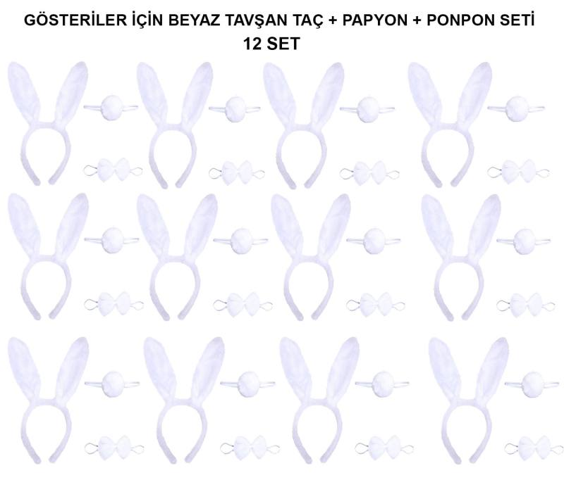 Beyaz Tavşan Kostüm Seti – Taç, Papyon, Kuyruk (12’li Paket)