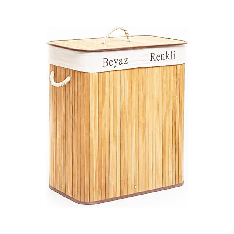 Dikdörtgen İki Bölmeli İç Bez Bambu Ahşap Kirli Çamaşır Sepeti İp Kulp 52X32X62CM