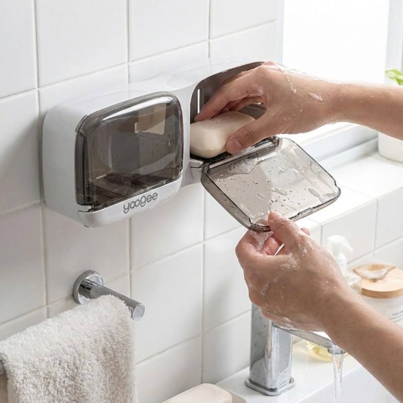 Duvara Monte İkili Kapaklı Plastik Katı Sabunluk Organizer – Banyo &amp; Mutfak İçin Yapışkanlı Sabun Kutusu ve Düzenleyici