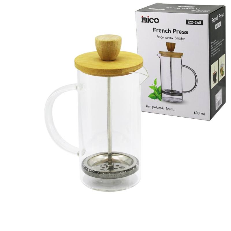 French Press Bambu Kapak 600ML Cam Bitki Süzgeçi