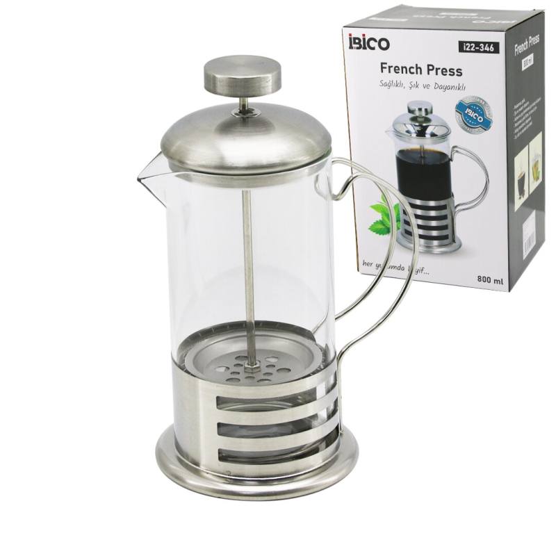 French Press Metal Kafes - Metal Kapak 800ML Cam Bitki Süzgeçi