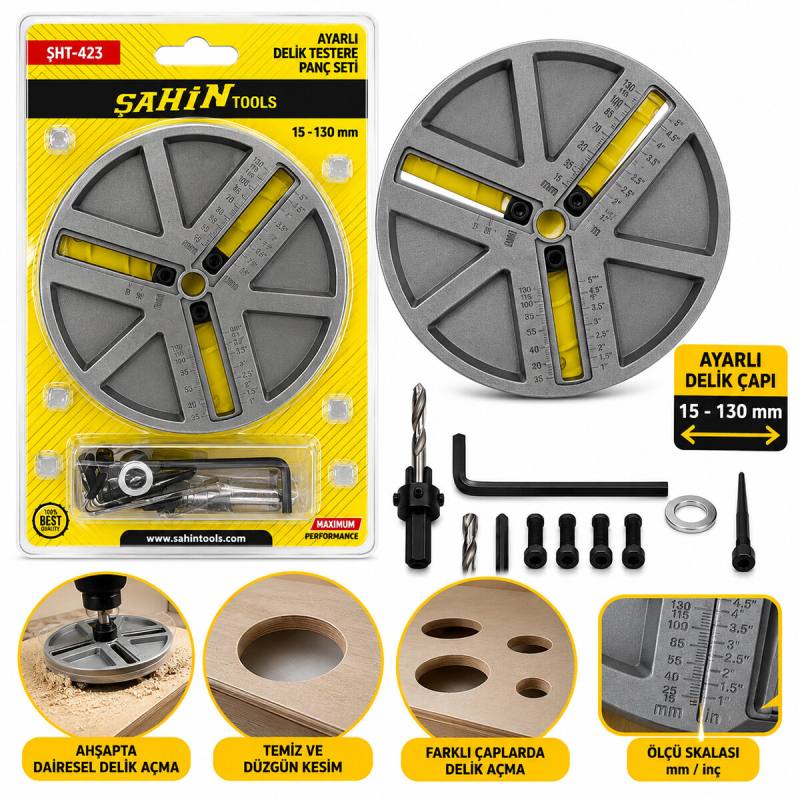 Hassas Dengeleme - Darbe Dayanlıklı Ayarlı Delik Testere Panç Set 45-130MM