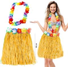 Hawaii Luau Aloha Sarı Püsküllü 50 cm Etek ve Hawaii Kolye Seti