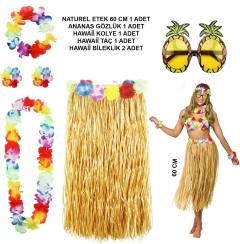 Hawaii Parti Kostüm Seti - 60 cm Hasır Etek, Çiçekli Aksesuarlar ve Ananas Gözlük