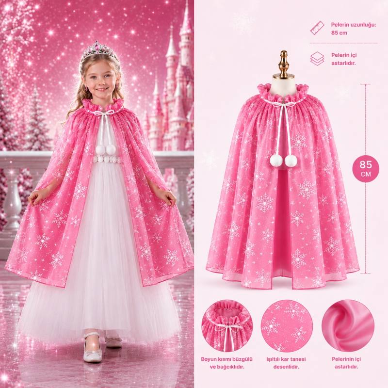 Kar Tanesi Desenli Pembe Elsa Pelerini - Astarlı Frozen Pelerini 85 cm