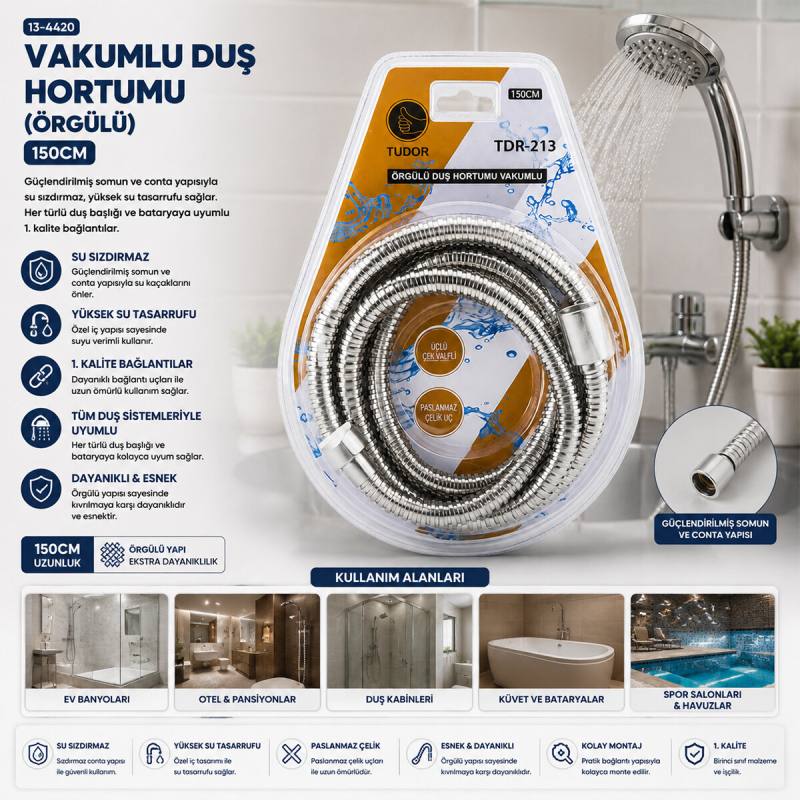 Krom - Örgülü Vakumlu Duş Hortumu 150CM Vakumlu Ambalaj