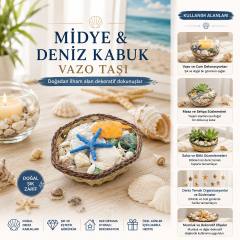 Küçük - Kare - Ahşap Sepetli Renkli Mix Midye - Deniz Kabuk Vazo Taşı