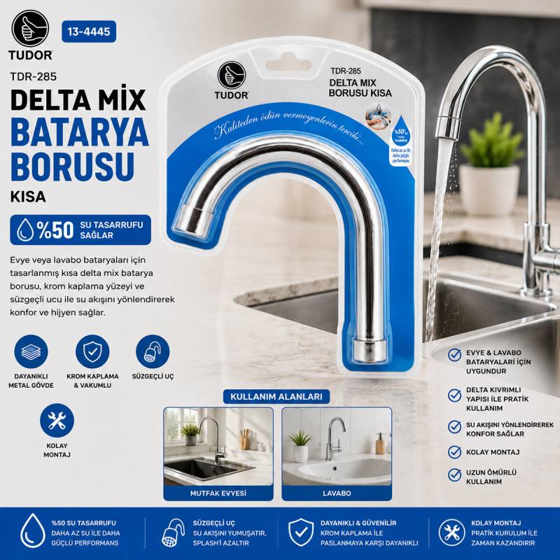 Kuğu Evye - Lavabo Kısa Delta Mix Batarya Borusu Krom Kaplama - Vakumlu - Süzgeçli Uç