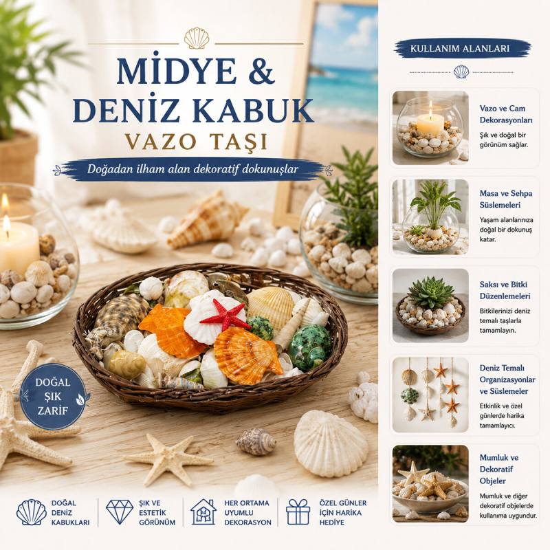 Oval Ahşap Sepet Renkli Mix Midye - Deniz Kabuk Vazo Taşı