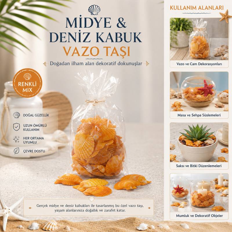 Poşetli Renkli Mix Midye - Deniz Kabuk Vazo Taşı