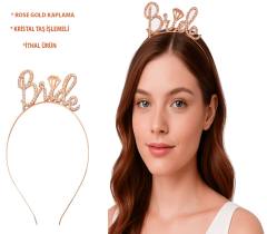 Rose Gold Renkli Taşlı “Bride” Gelin Tacı – El Yazısı Yazı Tipiyle