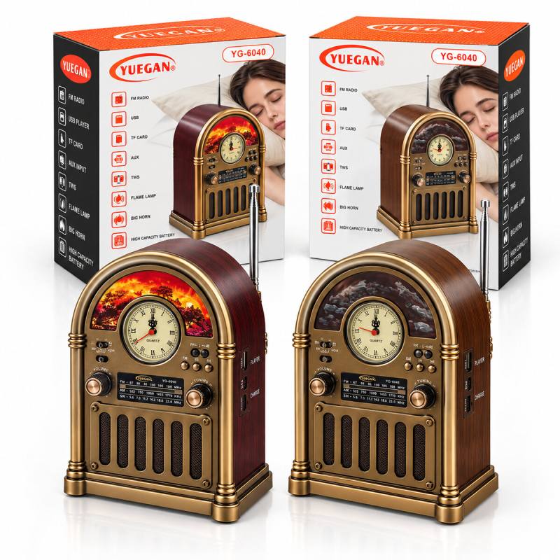 Saatli - İbreli Şömineli Radyo - Retro Am - Fm - Sw Usb - Type-c Sarjlı Bt - Tf - Usb Speaker YG-6040 PL-4733
