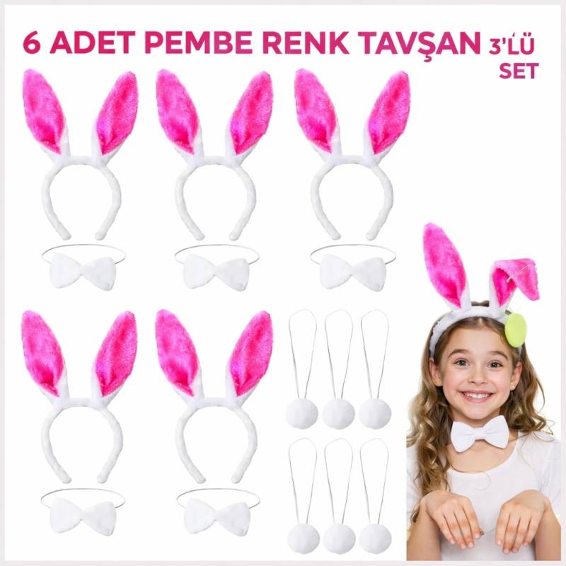 Şeker Pembesi Tavşan Sahne Seti 6'lı Set Taç Papyon Kuyruk
