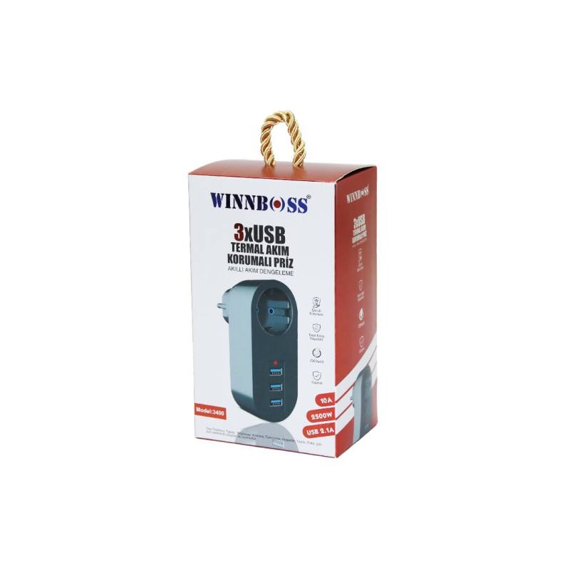 Siyah Termal Akım Korumalı 1XPRİZ 3XUSB Duvar Tipi Priz 10A - 2500W