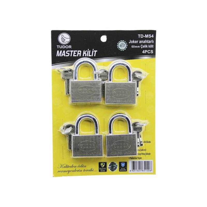 Tudor TD-MS4 Master 4PCS Joker Anahtarlı=tek Anahtarla 4 Kilit Aç 60MM - Gri Kısa Kancalı Çelik Asma Kilit