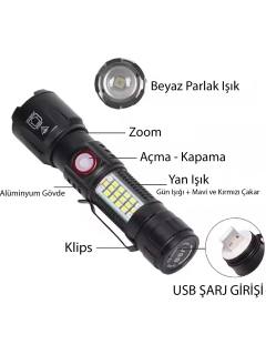 WS-2828 Ultra USB Şarjlı Polis El Feneri, Bekçi, Asker El Feneri Kırmızı Mavi Çakarlı 1000 Lümen